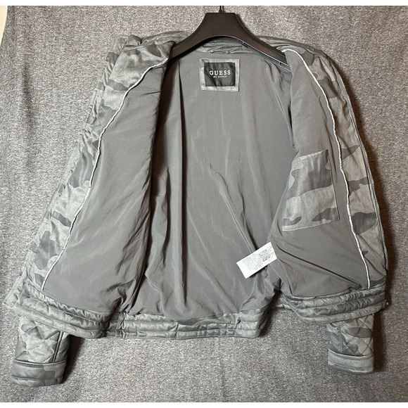 GUESS Jacket Mens Large Gray Camo Bomber Coat Full Zip Moto Biker M81L12 90s Y2K - Picture 4 of 10